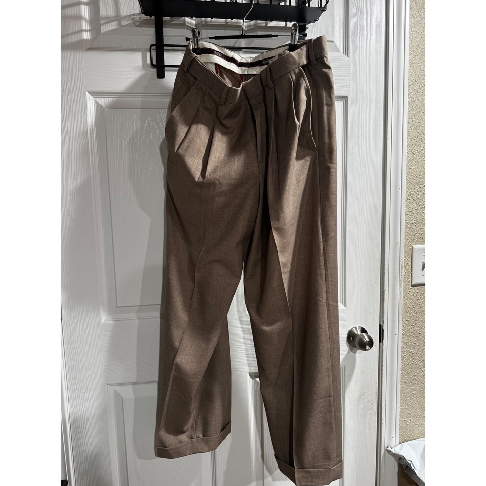 Haggar Mens 34x30 Pleated Dress Pants Tan Brown Cuffed Hem Trousers WPL386